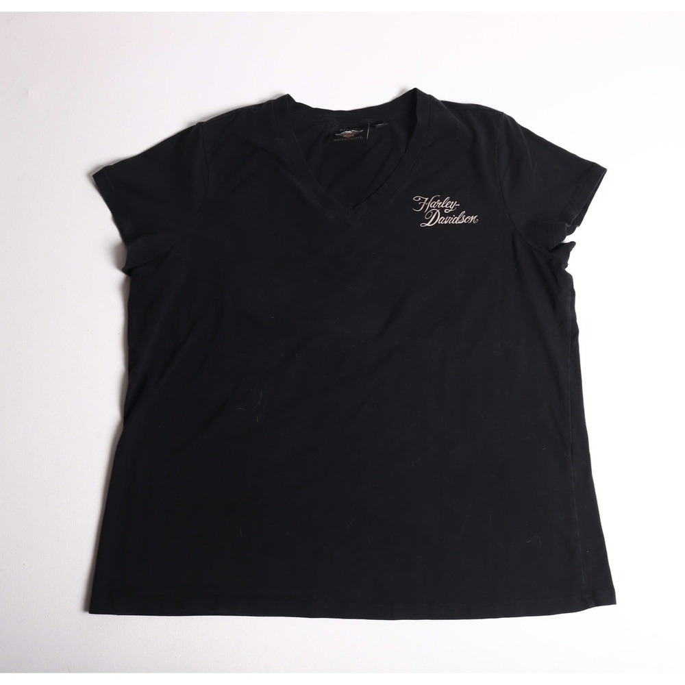 Harley-Davidson Womens Black V-Neck Graphic T-Shirt Winged Skull Roses 2W